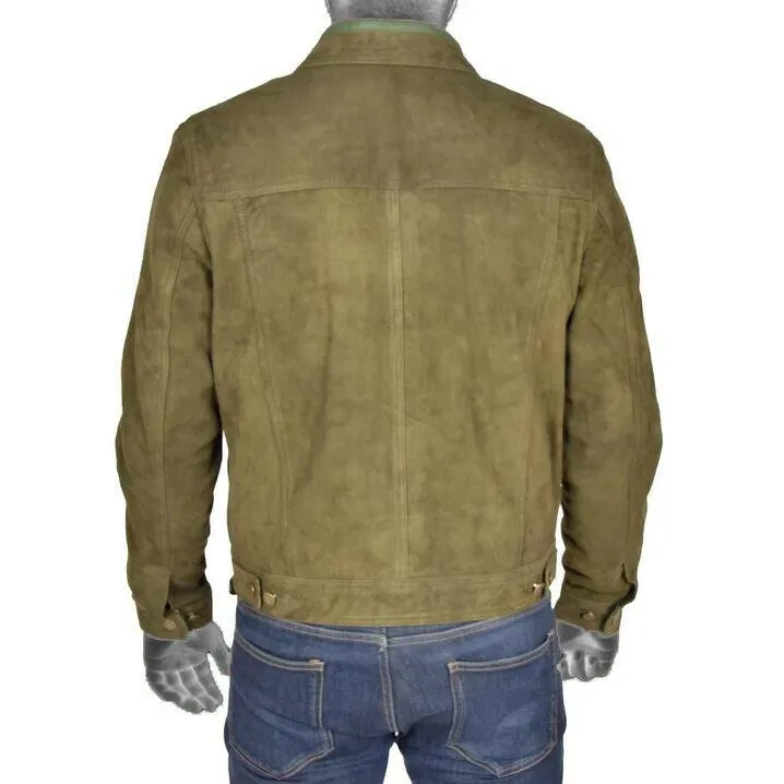 Spine Spark Men's Green Soft Suede Leather Trucker Style Jacket
